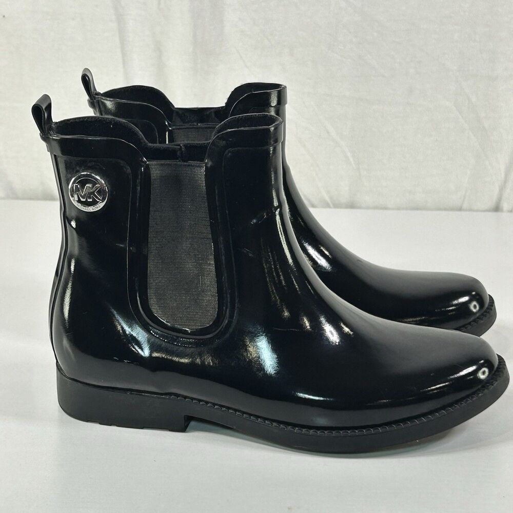 Michael Kors Charm Rain Boot Women 6 Black Ankle Pull On Rubber Casual Round Toe
